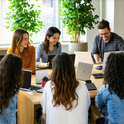 Group of people working together on laptops in a collaborative environment.