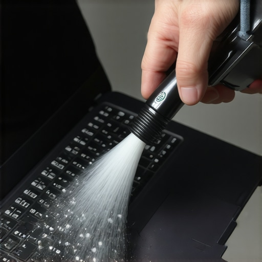 Person cleaning dust from a laptop's vents using compressed air for maintenance