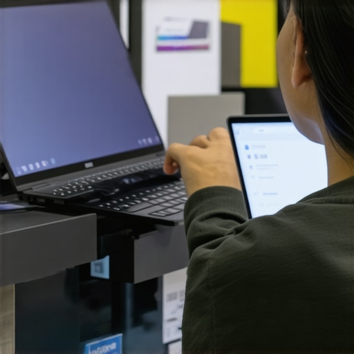 Person evaluating two budget laptops side by side in a store setting.