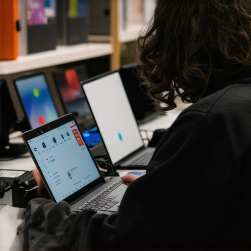 Person comparing specs of affordable laptops in electronics store.