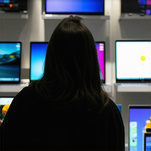 Person examining multiple affordable laptops on display in a store.