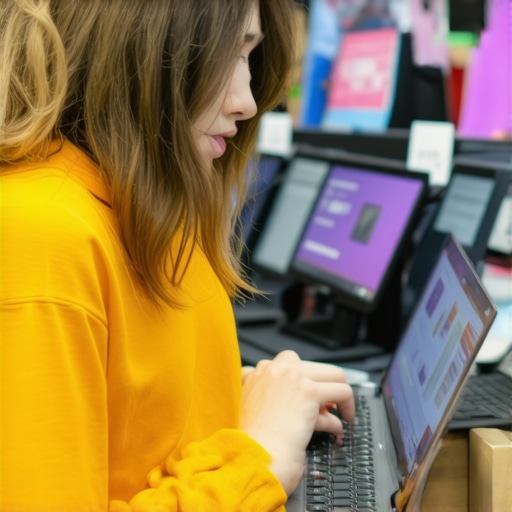 Person analyzing different affordable laptops for specs and prices in a retail environment.