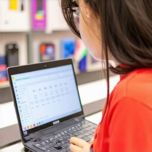 Person comparing different budget laptops in a store setting