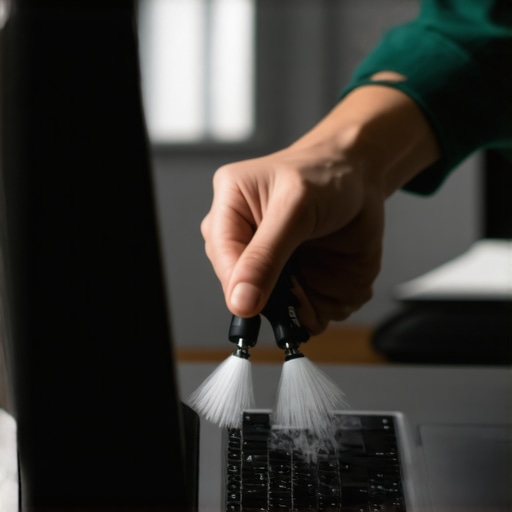 Person cleaning a laptop with compressed air in a home workspace
