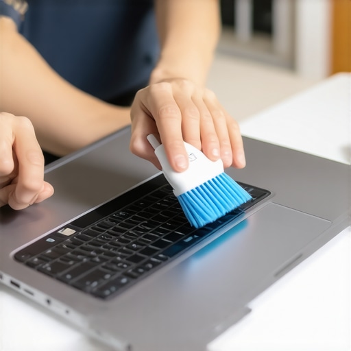 Person cleaning a laptop with compressed air and a brush to maintain performance.