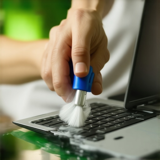 Person cleaning a laptop's vents with compressed air to prevent overheating.