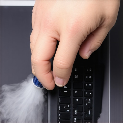 Person cleaning a laptop with compressed air to prevent overheating