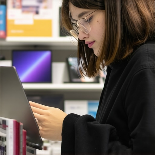 Student examining different budget laptops in a store