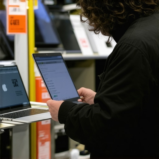 Person examining different affordable laptops with price tags in a store