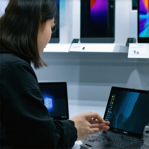 Individual examining multiple affordable laptops with specifications displayed