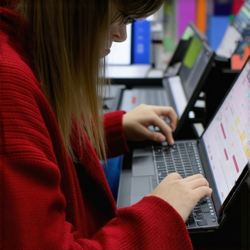 Person testing different budget laptops in a retail setting.