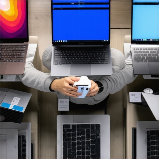 Person analyzing multiple affordable laptops with technical specs and prices in a retail setting.