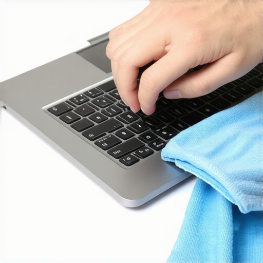 Person cleaning laptop vents and screen to maintain performance.