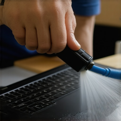 Person cleaning dust from a laptop with compressed air to ensure proper cooling