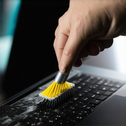 Person cleaning a laptop with compressed air and a brush for maintenance