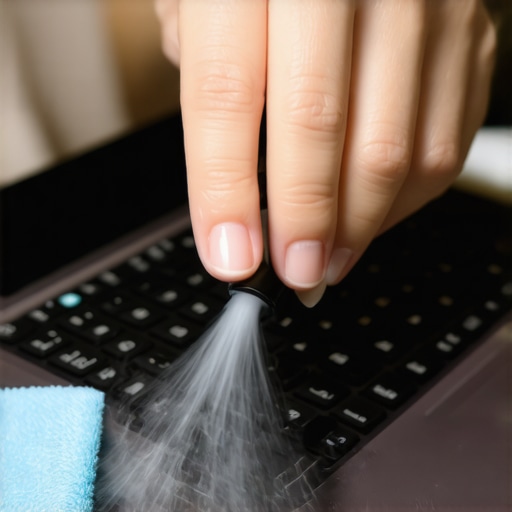 Person using compressed air to clean a laptop keyboard, highlighting maintenance tools