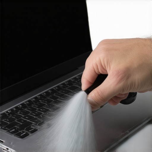 Person cleaning a laptop's vents with compressed air for better airflow.