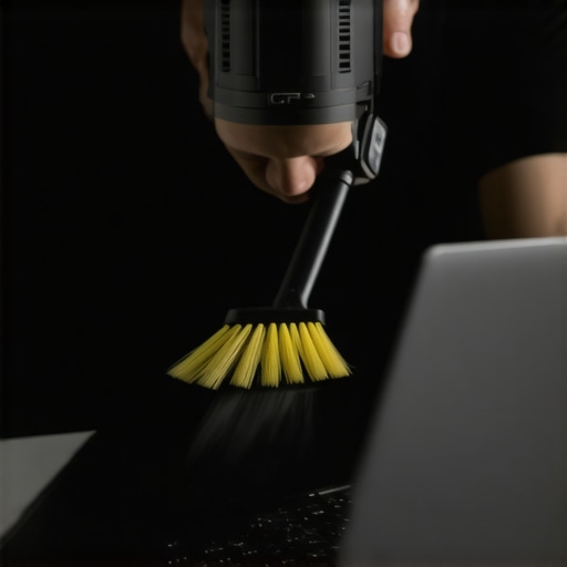 Person cleaning a laptop with compressed air and brush in a tidy workspace