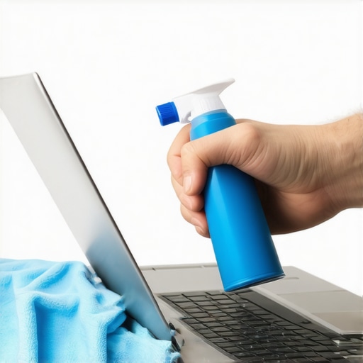 Person cleaning a laptop's vents and screen to ensure long-term performance.
