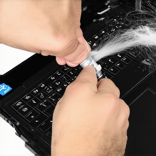 Person cleaning laptop vents with compressed air to prevent overheating and dust buildup.
