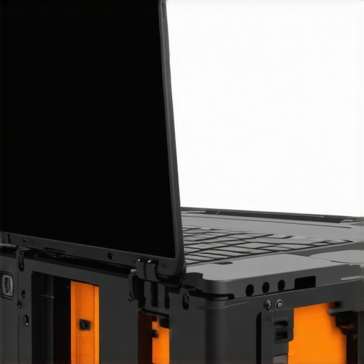 Close-up of a rugged, metal-chassis laptop with reinforced corners