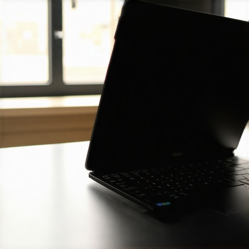 A sleek budget laptop with a carbon fiber body on a desk.