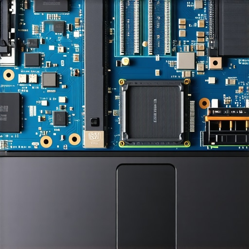 A close-up view of a laptop's internal hardware, showing processor, RAM, and SSD