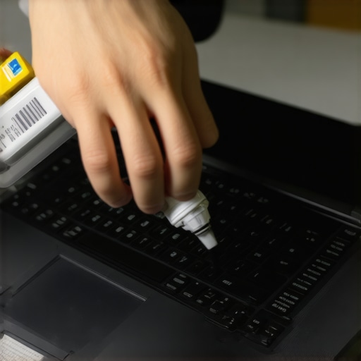 Person cleaning a laptop's vents with compressed air for upkeep