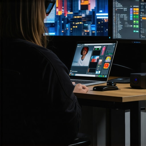 Person working on a budget laptop with external storage and cooling equipment