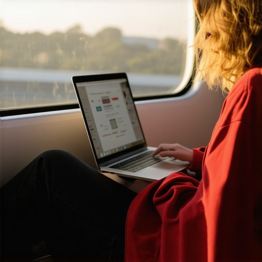 A person working on a sturdy, lightweight laptop during train travel, highlighting design and portability.