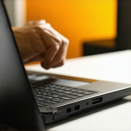 Person examining a refurbished laptop's ports and build