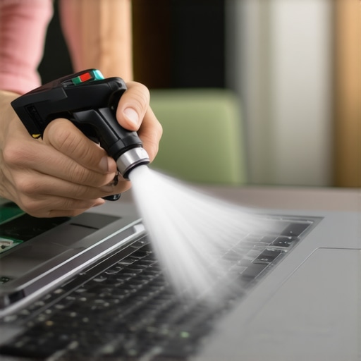 Person cleaning a laptop’s vents with compressed air to ensure optimal performance.