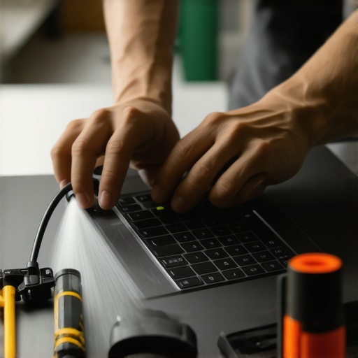 Person using compressed air and a toolkit to maintain a laptop, ensuring longevity and performance.
