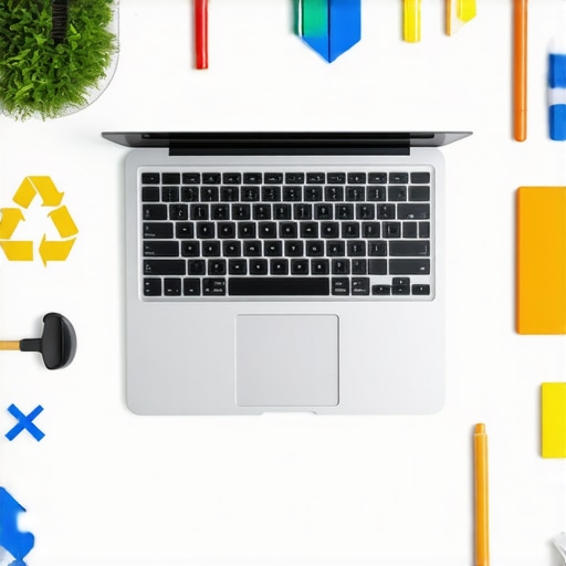 A workspace with cleaning tools and a laptop surrounded by icons of software apps for maintenance.