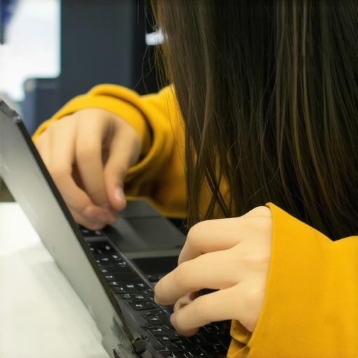 Person examining the hinge and chassis of a low-cost convertible laptop in a retail store.