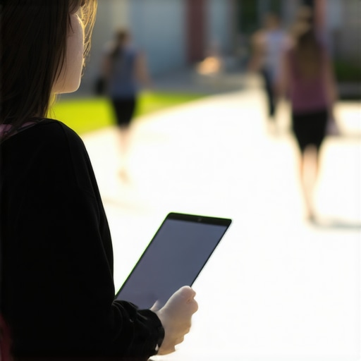 A student walking across campus with a sturdy metal-bodied laptop