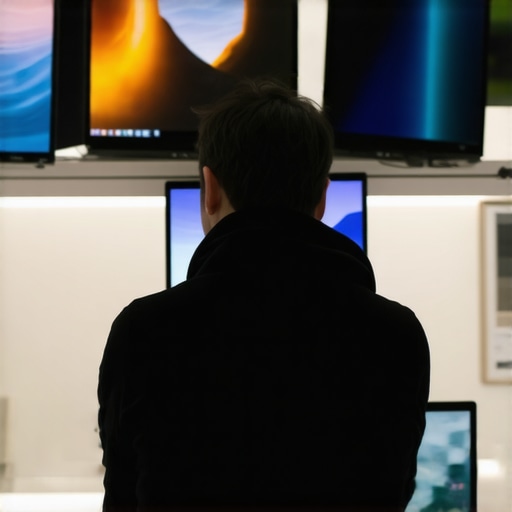 Person examining bright HDR budget laptops in store