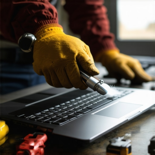 Person cleaning and maintaining a budget laptop with tools and compressed air.