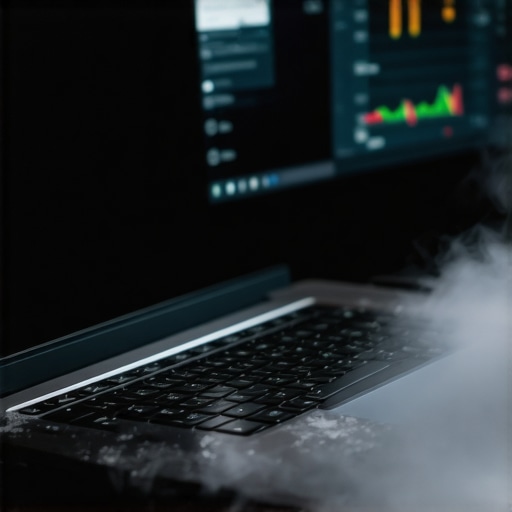 Person using compressed air to clean budget laptop with monitoring software on screen