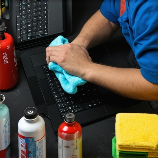 Person cleaning and inspecting a budget laptop with maintenance tools to prolong its lifespan.