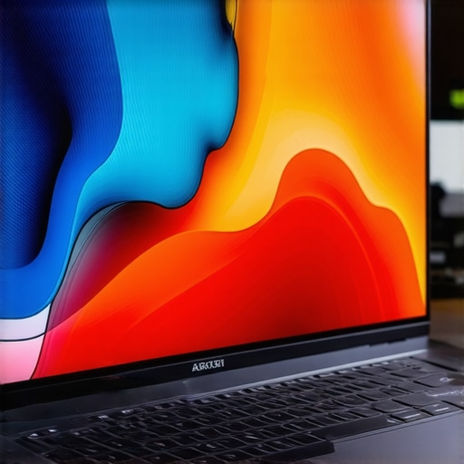 Close-up of a refurbished 4K OLED laptop showing vibrant colors in a workspace setting.